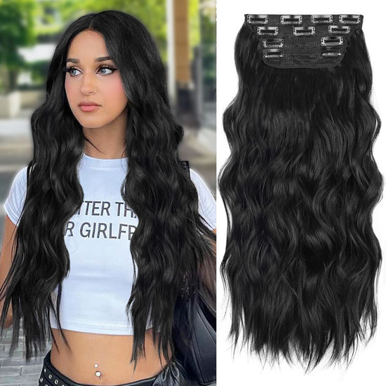 Picture of ALXNAN Clip in Hair Extension,Long Wavy Hair Extensions 20 Inch Black 4PCS Thick Hairpieces for Women