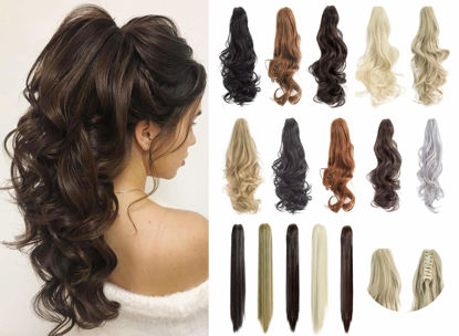 Picture of FELENDY Ponytail Extension Claw 18" 20" Curly Wavy Straight Clip in Hairpiece One Piece A Jaw Long Pony Tails for Women (Medium Brown,Straight)