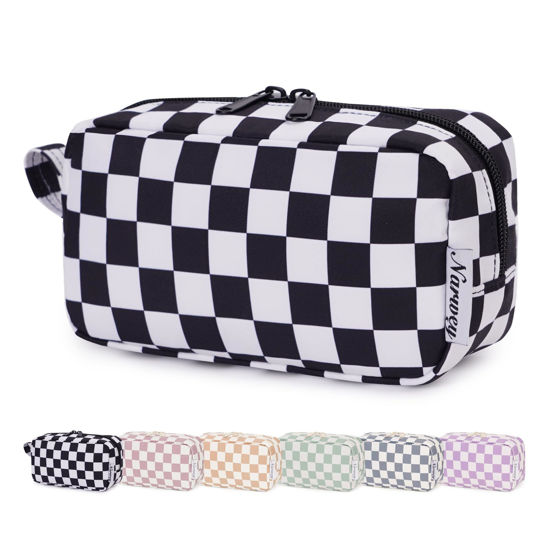Picture of Narwey Small Checkered Makeup Bag for Purse Travel Makeup Pouch Mini Cosmetic Bag Zipper Pouch for Women (Black Checkerboard, Small)