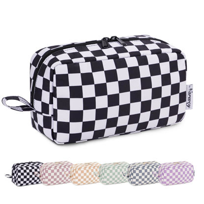 Picture of Narwey Checkered Makeup Bag Travel Cosmetic Bag Organizer Small Toiletry Bag Make Up Bags with Organized Pockets for Women (Black Checkerboard, Large)