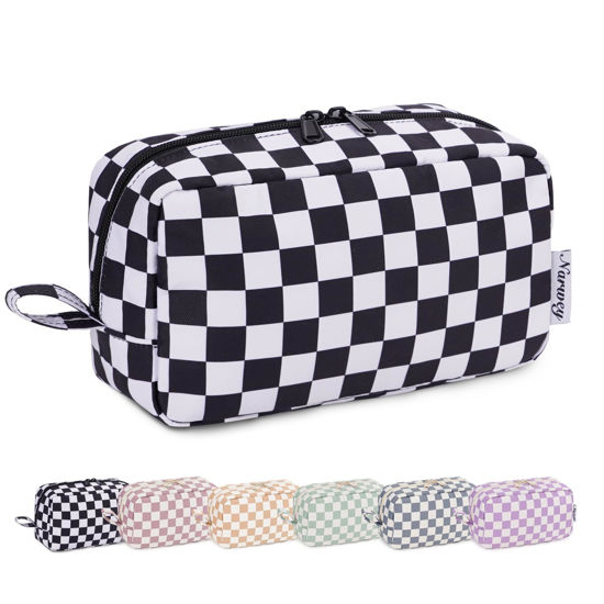 Picture of Narwey Checkered Makeup Bag Travel Cosmetic Bag Organizer Small Toiletry Bag Make Up Bags with Organized Pockets for Women (Black Checkerboard, Large)