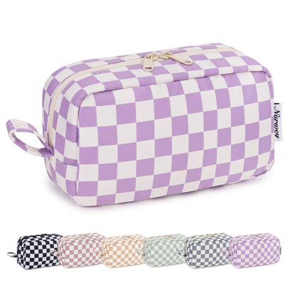Picture of Narwey Checkered Makeup Bag Travel Cosmetic Bag Organizer Small Toiletry Bag Make Up Bags with Organized Pockets for Women (Purple Checkerboard, Large)