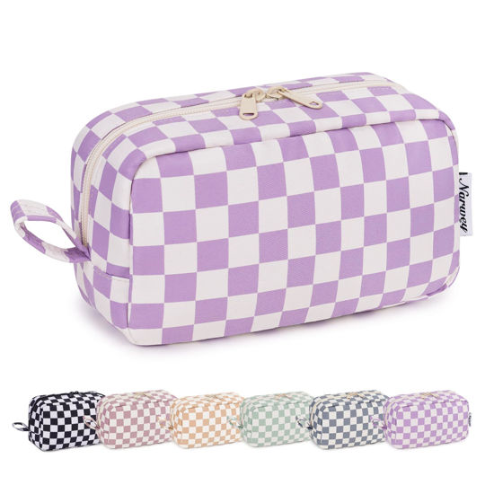 Picture of Narwey Checkered Makeup Bag Travel Cosmetic Bag Organizer Small Toiletry Bag Make Up Bags with Organized Pockets for Women (Purple Checkerboard, Large)