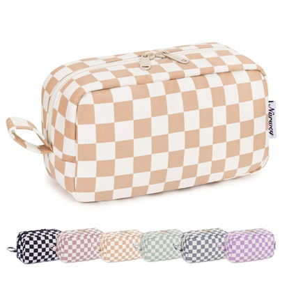 Picture of Narwey Checkered Makeup Bag Travel Cosmetic Bag Organizer Small Toiletry Bag Make Up Bags with Organized Pockets for Women (Light Checkerboard, Large)