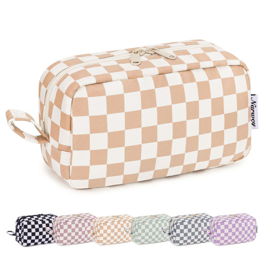 Picture of Narwey Checkered Makeup Bag Travel Cosmetic Bag Organizer Small Toiletry Bag Make Up Bags with Organized Pockets for Women (Light Checkerboard, Large)