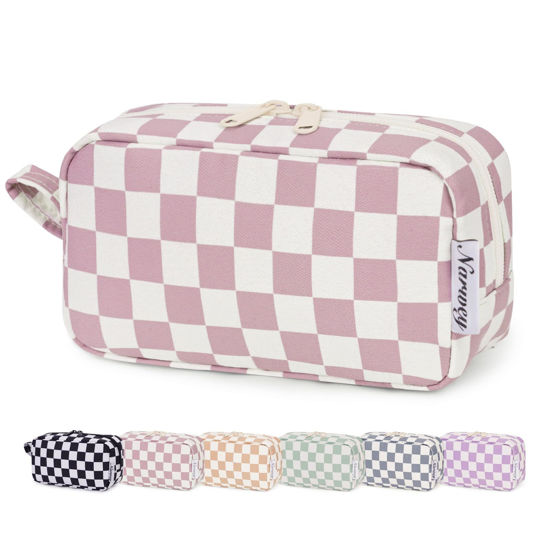 Picture of Narwey Small Cosmetic Bag, Small Makeup Bag for Purse, Travel Mini Makeup Pouch, Zipper Pouch, Cute Checkered Makeup Bag with Organized Pockets for Women (Dusty Rose Checkerboard, Small)