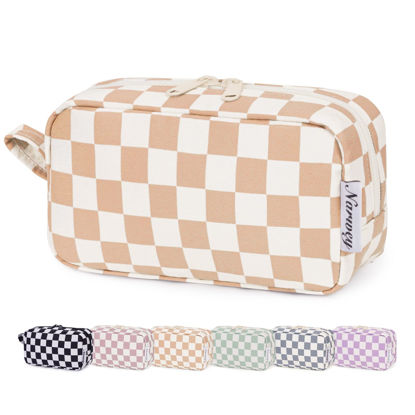 Picture of Narwey Small Checkered Makeup Bag for Purse Mini Cosmetic Bag Travel Makeup Pouch Zipper Pouch Cute Make up Bags with Organized Pockets for Women (Light Checkerboard, Small)