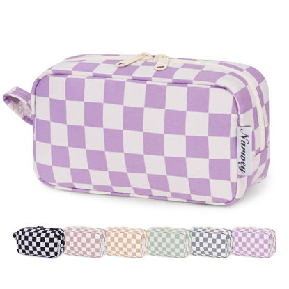 Picture of Narwey Small Checkered Makeup Bag for Purse Travel Makeup Pouch Mini Cosmetic Bag Zipper Pouch for Women (Purple Checkerboard, Small)