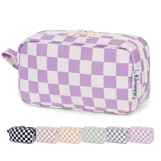 Picture of Narwey Small Checkered Makeup Bag for Purse Travel Makeup Pouch Mini Cosmetic Bag Zipper Pouch for Women (Purple Checkerboard, Small)
