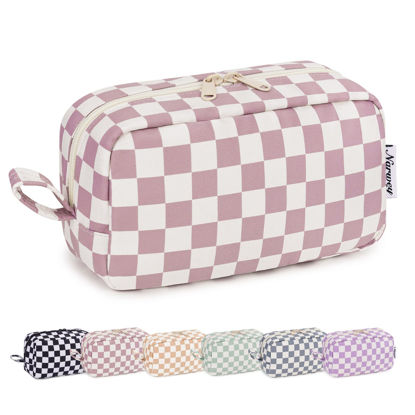 Picture of Narwey Checkered Makeup Bag Travel Cosmetic Bag Organizer Small Toiletry Bag Make Up Bags with Organized Pockets for Women (Dusty Rose Checkerboard, Large)