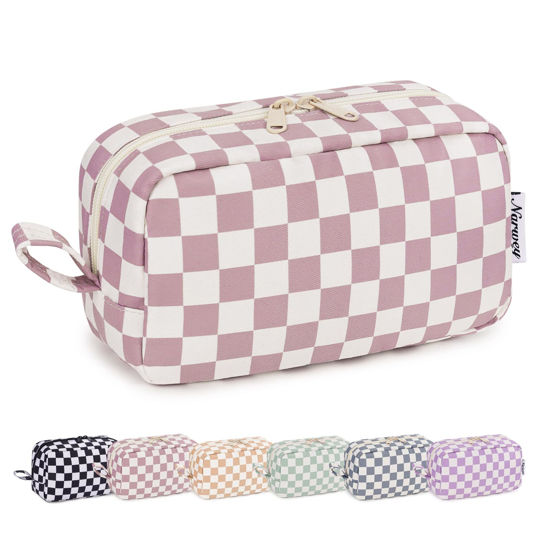Picture of Narwey Checkered Makeup Bag Travel Cosmetic Bag Organizer Small Toiletry Bag Make Up Bags with Organized Pockets for Women (Dusty Rose Checkerboard, Large)