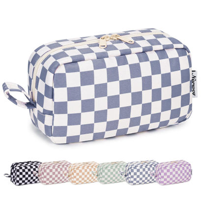 Picture of Narwey Checkered Makeup Bag Travel Cosmetic Bag Organizer Small Toiletry Bag Make Up Bags with Organzied Pockets for Women (Grayish Blue Checkerboard, Large)