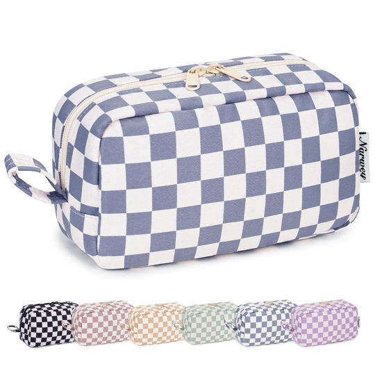 Picture of Narwey Checkered Makeup Bag Travel Cosmetic Bag Organizer Small Toiletry Bag Make Up Bags with Organzied Pockets for Women (Grayish Blue Checkerboard, Large)