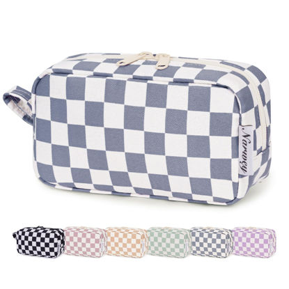 Picture of Narwey Small Checkered Makeup Bag for Purse Travel Makeup Pouch Mini Cosmetic Bag Zipper Pouch for Women (Grayish Blue Checkerboard, Small)