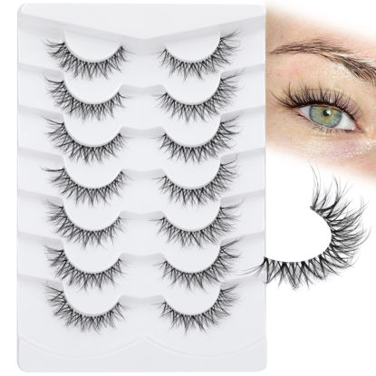 Picture of False Eyelashes Natural Look Lashes with Clear Band 3D 15mm Short Strips Lashes Wispy Cat Eye Lashes Faux Mink Lashes by Focipeysa
