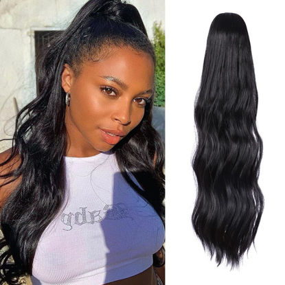 Picture of LOMMEL Drawstring Ponytail Extension Body Wave Ponytail Extension for Women 20 Inch Drawstring Wave Ponytail Synthetic Hair Extensions Curly Ponytail(1B)
