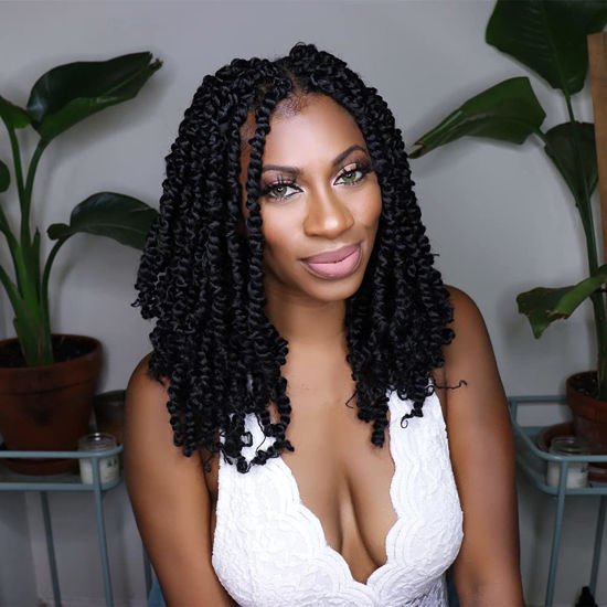 Picture of The BOHOBABE Pre-twisted Passion Twist Crochet Hair 14 Inch Short Pre-looped Crochet Passion Twist Braiding Hair 8 Packs (1#) 1#(Jet Black)