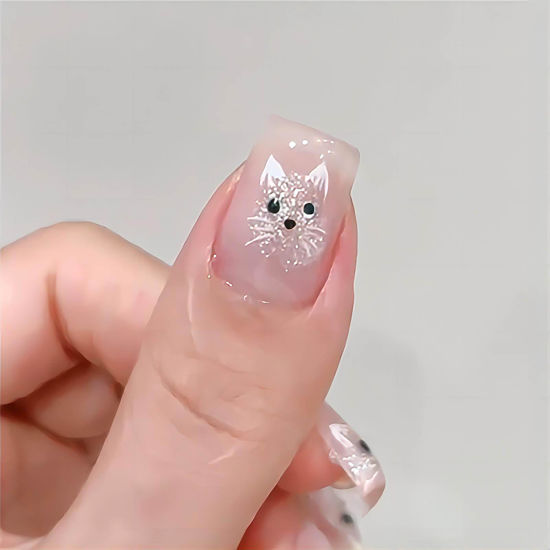 Picture of RUOKEXIN Medium Press on Nails Square Fake Nails Pink Cat Eye Nail Press ons Acrylic False Nails with Cute Cat Designs Glitter Artificial Nails Glossy Glue on Nails Natural Stick on Nails for Women