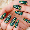 Picture of RUOKEXIN Medium Press on Nails Coffin Fake Nails with Glue Green Acrylic False Nails with Rhinestones Designs Gold Glitter Nails Press ons Marble Pattern Artificial Nails Stick on Nails for Women
