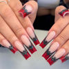 Picture of RUOKEXIN Long Press on Nails Coffin Fake Nails with Nails Glue French Red Tip Acrylic False Nails with Glitter Bat Designs Pink Full Cover Artificial Nails Press Ons Bling Stick on Nails for Women