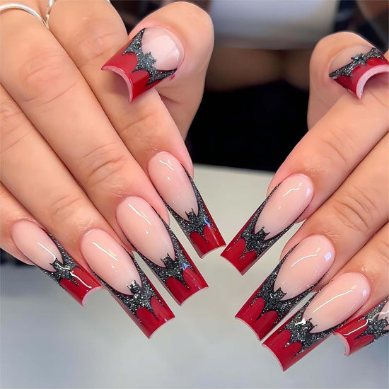 Picture of RUOKEXIN Long Press on Nails Coffin Fake Nails with Nails Glue French Red Tip Acrylic False Nails with Glitter Bat Designs Pink Full Cover Artificial Nails Press Ons Bling Stick on Nails for Women