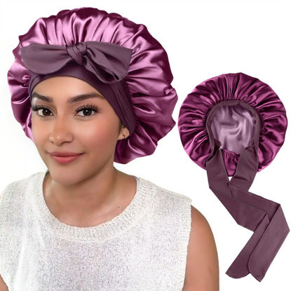 Picture of Yanibest Satin Bonnet Silk Bonnet for Sleeping Double Layer Ajustable Satin bonnet for Women Men for Curly Natural Hair with Tie Band