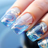 Picture of RUOKEXIN Medium Press on Nails Square Fake Nails with Glue Glossy Acrylic False Nails with Gold Glitter Designs Ice-Transparent Blue Gradient Glossy Artificial Nails Stick on Nails for Women 24Pcs