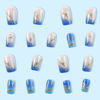 Picture of RUOKEXIN Medium Press on Nails Square Fake Nails with Glue Glossy Acrylic False Nails with Gold Glitter Designs Ice-Transparent Blue Gradient Glossy Artificial Nails Stick on Nails for Women 24Pcs