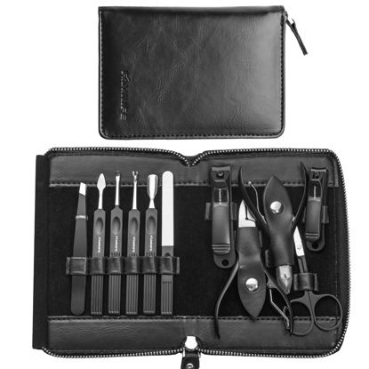 Picture of FAMILIFE Professional Manicure Set, Manicure Kit, Nail Clippers Set, 11 in 1 Stainless Steel Black Pedicure Tool, Nail Kit with Portable Leather Travel Case Luxury Gifts