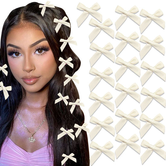Picture of SAWINDA 20PCS Pink Hair Bows Ribbon Alligator Hair Ribbon Hair Barrettes for Teens Small Claw Clips for Thick Thin Hair,Cute Hair Accessories for Women Girls (White)