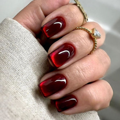 Picture of Wine Red Press on Nails Short Square Acrylic Nails Ombre Glitter Fake Nails Glossy Full Cover Glue on Nails Red Nails Press ons for Shiny Nails Manicure for Women 24Pcs