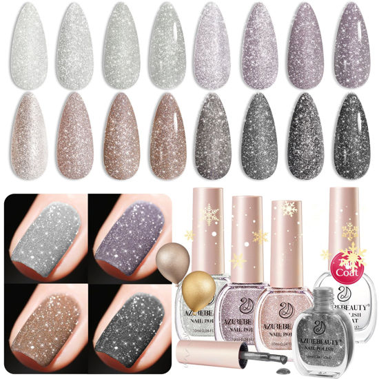 Picture of AZUREBEAUTY Matte Glitter Nail Polish Set Vegan 4 Colors Diamond Platinum Silver Purple Black Nude Nail Polish Quick Dry Natural Nail Strengthening Kit with Top Coat DIY Salon Home