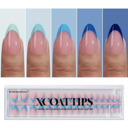 Picture of BTArtboxnails XCOATTIPS French Tip Press On Nails - Blue Press On Nails Short, Almond Fake Nail Tips, 160Pcs Soak Off Soft Gel Acrylic Pink Nail Extension in 16 Sizes