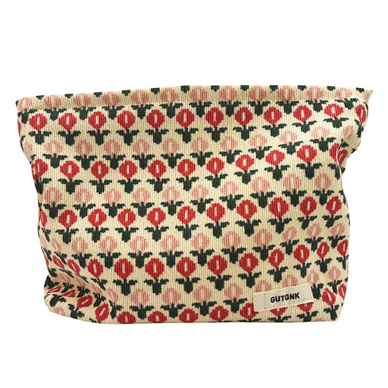 Picture of GUTGNK Corduroy Ladies Cosmetic Bag, Large Capacity Canvas Cosmetic Bag Travel Toiletry Bag Accessories Organizer, Little Red Flower