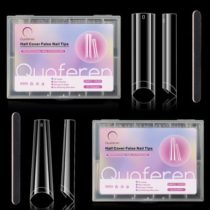 Picture of 480Pcs Clear Nail Tips for Acrylic Nails Professional, 2XL Long C Curve Square & Coffin Nail Tips Set with 2 Nail Files, Half Cover Nail Extension Tips Artificial Acrylic Nail Tips for DIY Nail Art