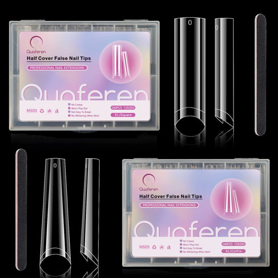 Picture of 480Pcs Clear Nail Tips for Acrylic Nails Professional, 2XL Long C Curve Square & Coffin Nail Tips Set with 2 Nail Files, Half Cover Nail Extension Tips Artificial Acrylic Nail Tips for DIY Nail Art