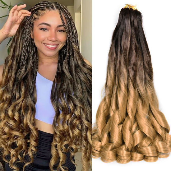 Picture of French Curl Braiding Hair, 24 Inch OT4/27 Ombre Blonde Curly Braiding Hair Pre Stretched 75g/pack 8 Packs Bouncy Braids Hair for Black Women Hair Extensions (24inch,8 pack,OT4/27)