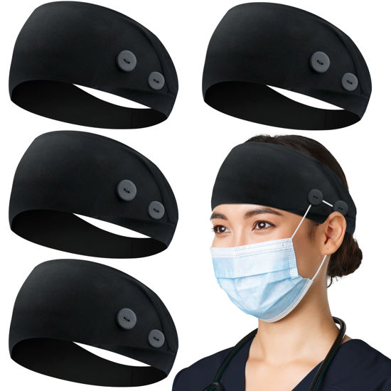 Picture of ABAMERICA Headbands with Button for Mask, Wide Nurses Headbands Non Slip Elastic Ear Protection for Women Men Doctors Sweatband Headband