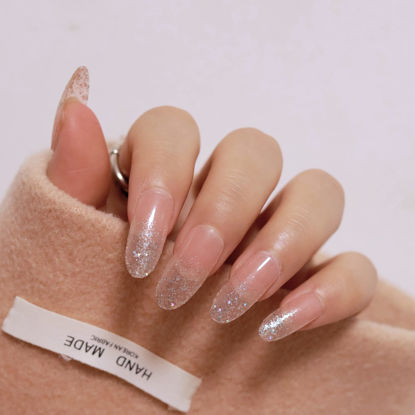 Picture of 24PCS Light Pink Glossy Press on Nails,Medium length Oval Acrylic Full Cover Nail Art Kits,Nude Glitter Embellishment Design Suitable For Women and Girls at Home DIY Reusable Fake Nails