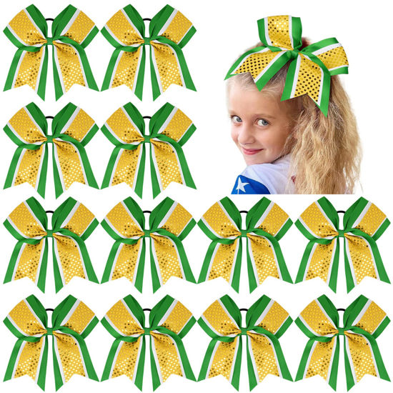 Picture of 12 PCS 8" Large Glitter Cheer Bows Shiny Girl Hair Bows Ponytail Holder Sparkly Green Cheerleading Softball Team Bow Hair Accessories