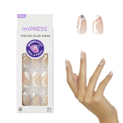 Picture of KISS imPRESS No Glue Mani Press On Nails, Design, 'On My Mind', White, Medium Size, Almond Shape, Includes 30 Nails, Prep Pad, Instructions Sheet, 1 Manicure Stick, 1 Mini File