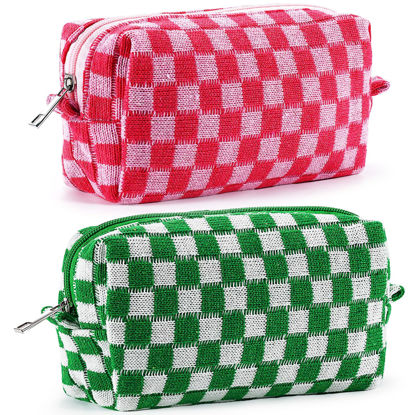 Picture of ZLFSRQ 2Pcs Checkered Makeup Bag for Women Medium Travel Cosmetic Bag Makeup Pouch for Purse Zipper Toiletry Bag Organizer Cute Y2K Aesthetic Trendy Adults Makeup Brushes Storage Case(Pink/Green)