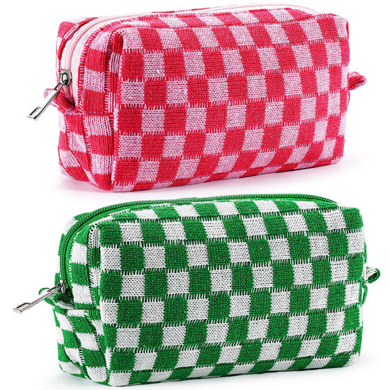 Picture of ZLFSRQ 2Pcs Checkered Makeup Bag for Women Medium Travel Cosmetic Bag Makeup Pouch for Purse Zipper Toiletry Bag Organizer Cute Y2K Aesthetic Trendy Adults Makeup Brushes Storage Case(Pink/Green)