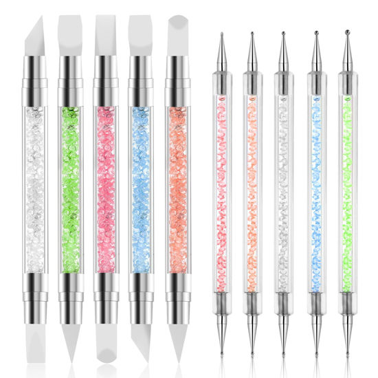 Picture of 10PCS Nail Art Gel Carving Pen Acrylic Nail Dotting Pen Rhinestone Handle Double-Ended Silicone Nail Art Pen Brushes for Design Nail Foil Carving Drawing and 3D Effect Shaping Drawing Dotting Tools