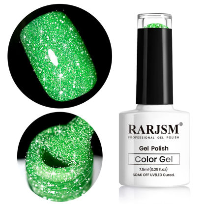 Picture of RARJSM Green Gel Nail Polish, 7.5ml 0.25Floz Reflective Gel Nail Polish Glitter Gel Polish Summer Candy Collection Diamond Shimmer Neon Green Nail Gel for Starter Nail DIY UV LED Lamp Required