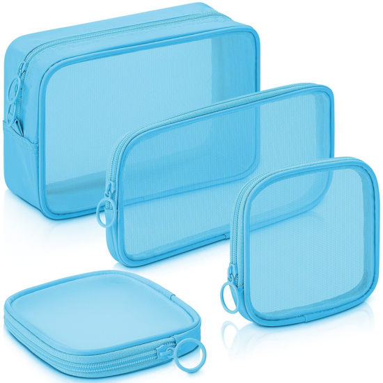 Picture of Weewooday 4 Pcs Mesh Makeup Bag Mesh Cosmetic Bag Travel Toiletry Bag Pouch with Zipper Mini Portable Makeup Cosmetic Travel Toiletry Purse Bag for Daily Accessories (Blue,Small, Large, Medium)