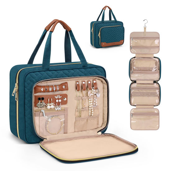 Picture of Wedama Toiletry Bag for Women, Hanging Travel Toiletry Bag with Jewelry Organizer Compartment Large Makeup Bag, PVC Waterproof Cosmetic Travel Bag for Travel Business Trips Camping Bathroom, Blue