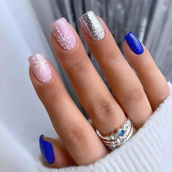 Picture of Snowflake Press on Nails Christmas Short Blue Square Fake Nails, White Blue Glitter Acrylic Nails, Shiny Glossy False Nails Kits Super Fit Nail Tip 24Pcs
