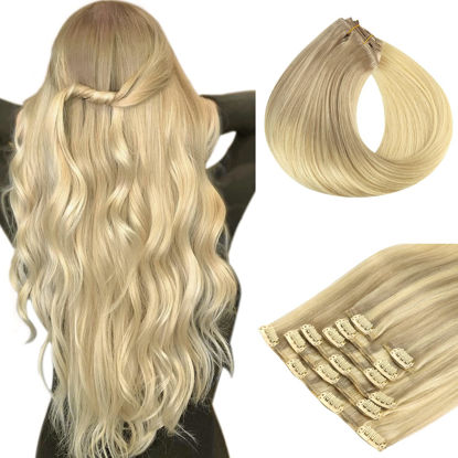 Picture of HOTBANANA Clip in hair Extensions, Ash Blonde to Golden Blonde and Platinum Blonde Clip in Hair Extensions Real Human Hair Remy Hair Stright Clip in Hair Extensions 24 inch 120g 7pcs