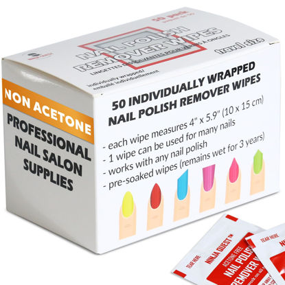 Picture of Nail Polish Remover Pads - 100% Non-Acetone - 50 Pack Bulk Set - Individually Wrapped - Quick Nail Polish Remover Wipes - Fingernail Travel Kit to Clear Nail Polish for Home & Professional Removal